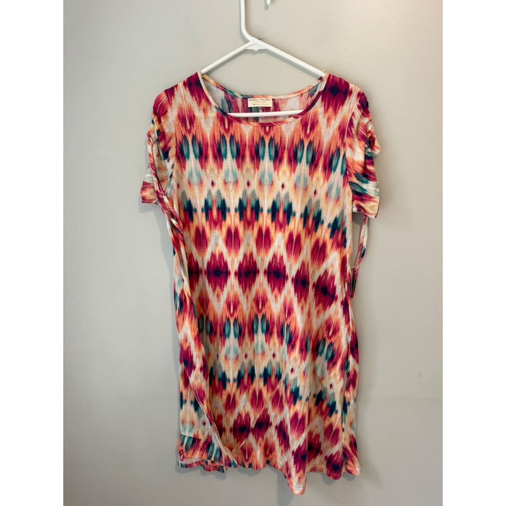 Bobbie Brooks Plus Size 1X Ikat Diamond Print Cinched Tie Sleeve Top Multicolor